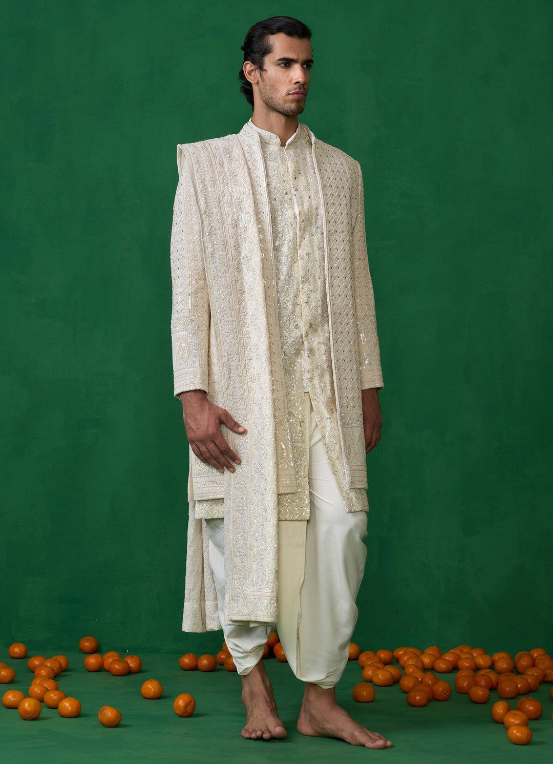 Ivory Embroidered Georgette Sherwani Set Kalpraag - Fabilicious Fashion