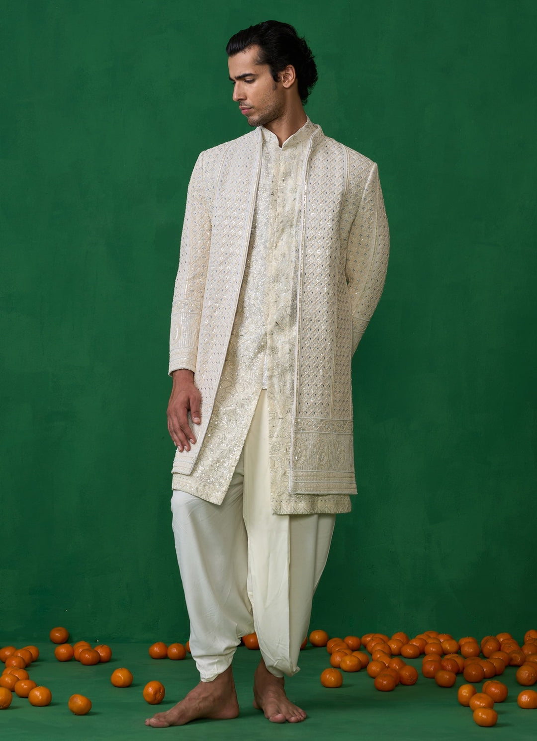 Ivory Embroidered Georgette Sherwani Set Kalpraag - Fabilicious Fashion