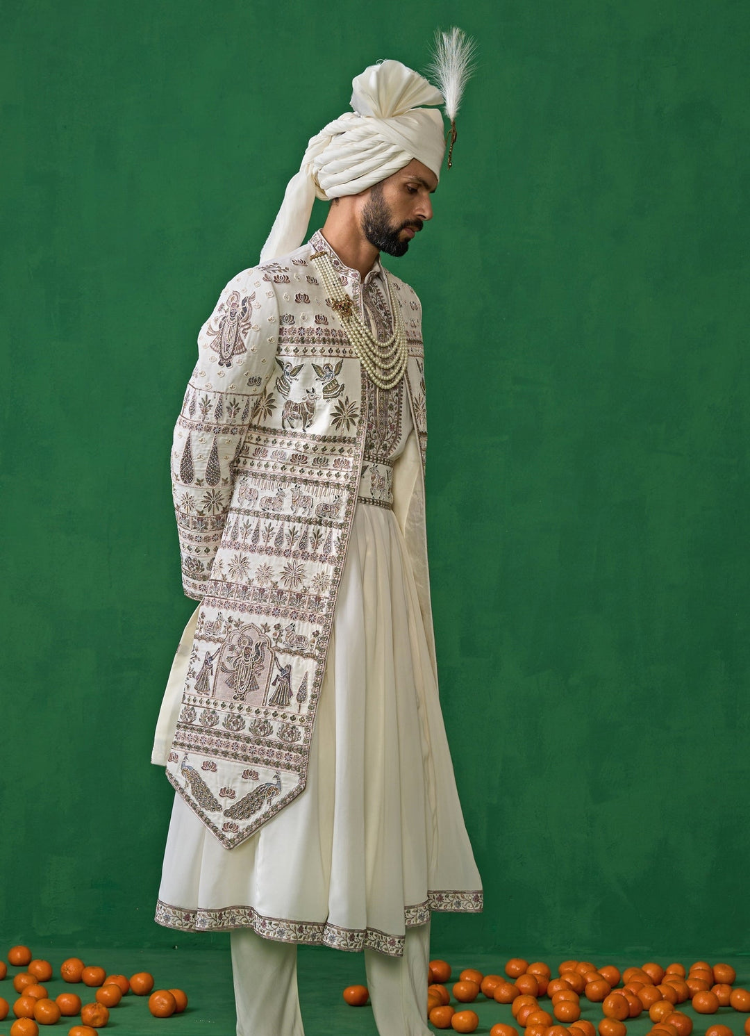 Ivory Embroidered Georgette Sherwani Set Kalpraag - Fabilicious Fashion