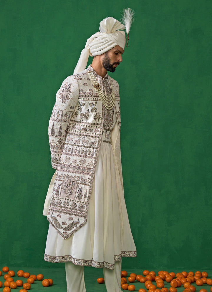 Ivory Embroidered Georgette Sherwani Set Kalpraag - Fabilicious Fashion