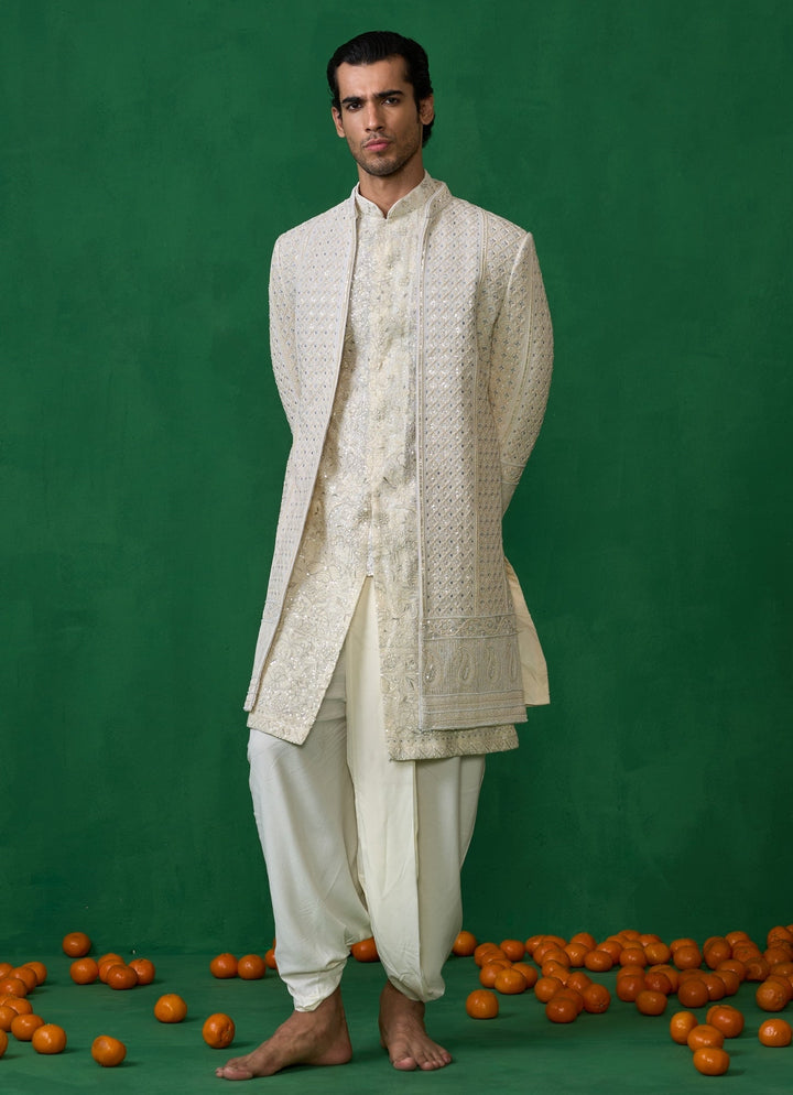 Ivory Embroidered Georgette Sherwani Set Kalpraag - Fabilicious Fashion