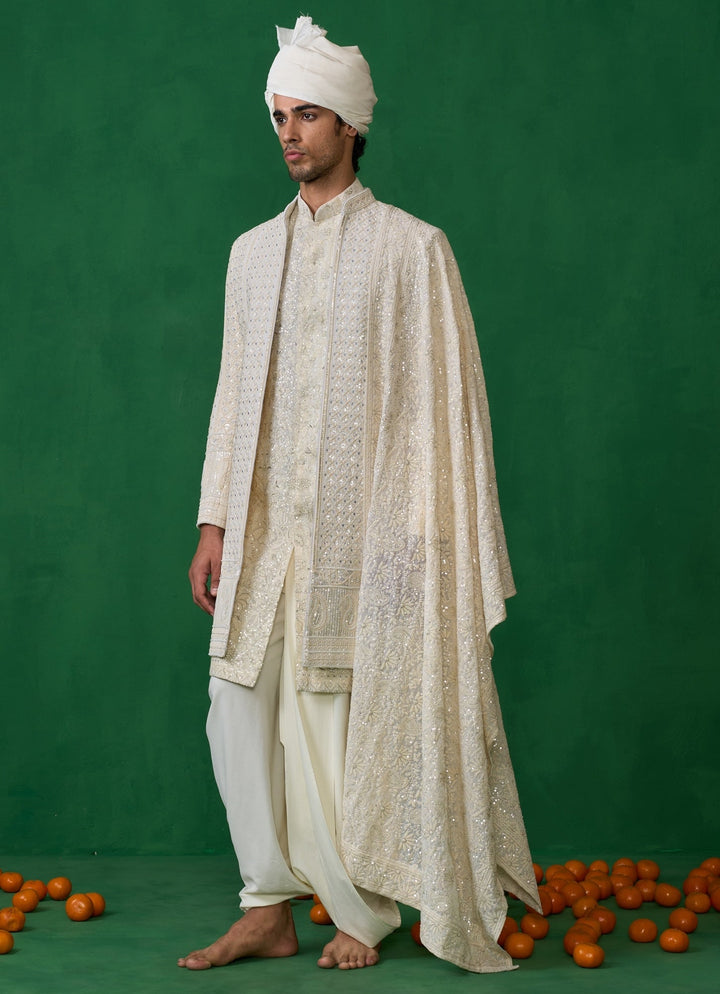 Ivory Embroidered Georgette Sherwani Set Kalpraag - Fabilicious Fashion