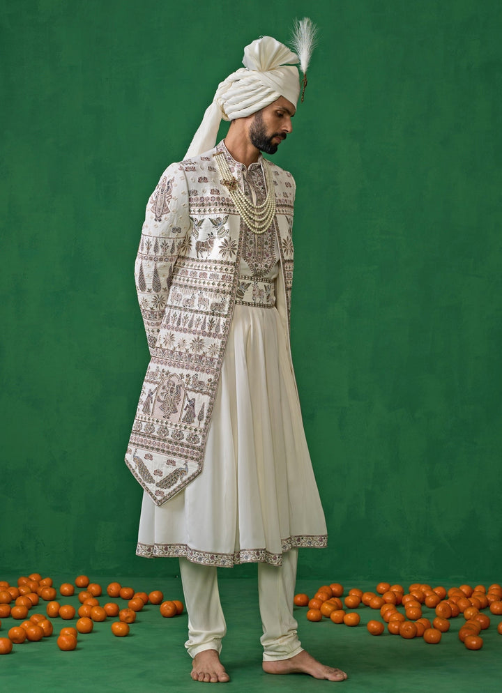 Ivory Embroidered Georgette Sherwani Set Kalpraag - Fabilicious Fashion