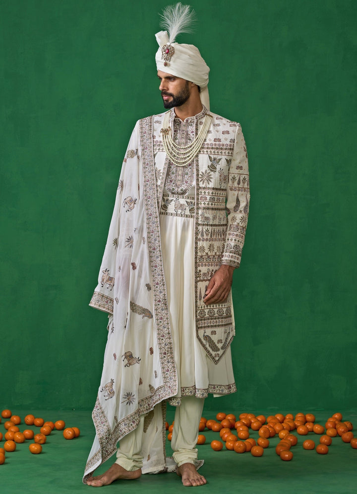 Ivory Embroidered Georgette Sherwani Set Kalpraag - Fabilicious Fashion