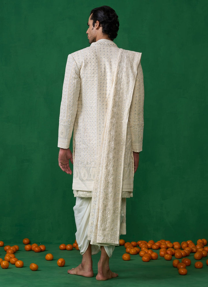 Ivory Embroidered Georgette Sherwani Set Kalpraag - Fabilicious Fashion