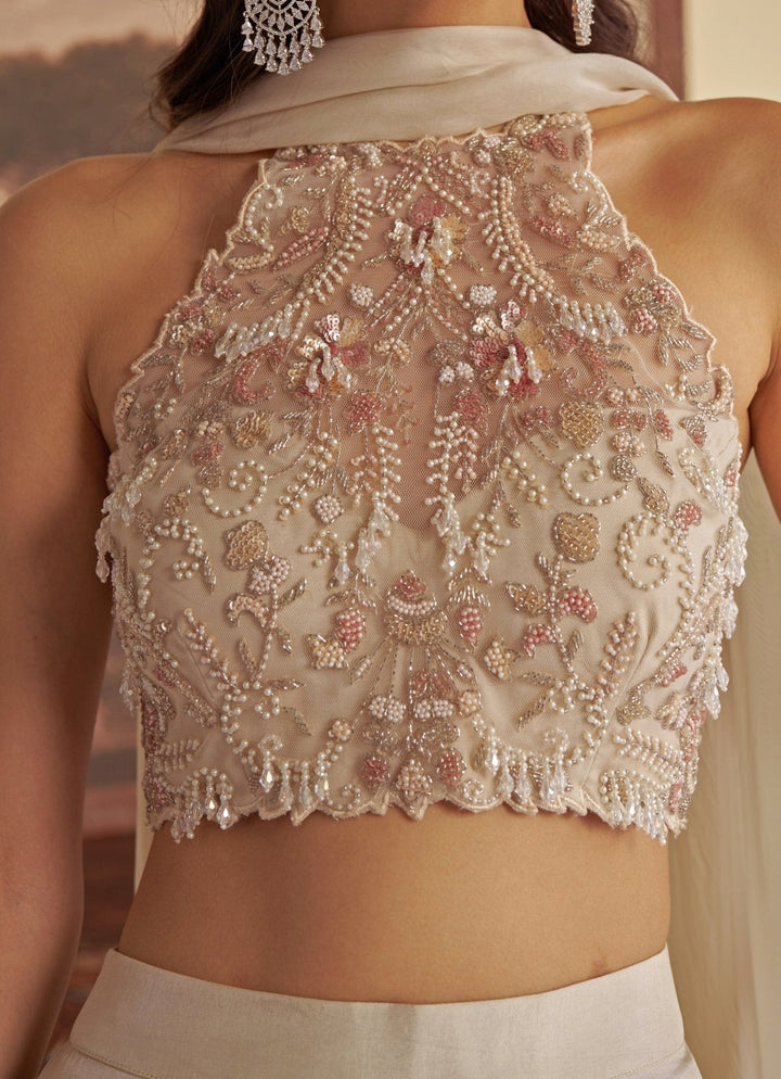 Ivory Embroidered Halter Blouse Pant Set Jade by Ashima - Fabilicious Fashion