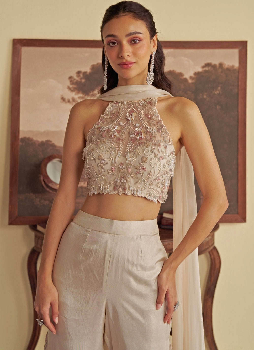 Ivory Embroidered Halter Blouse Pant Set Jade by Ashima - Fabilicious Fashion