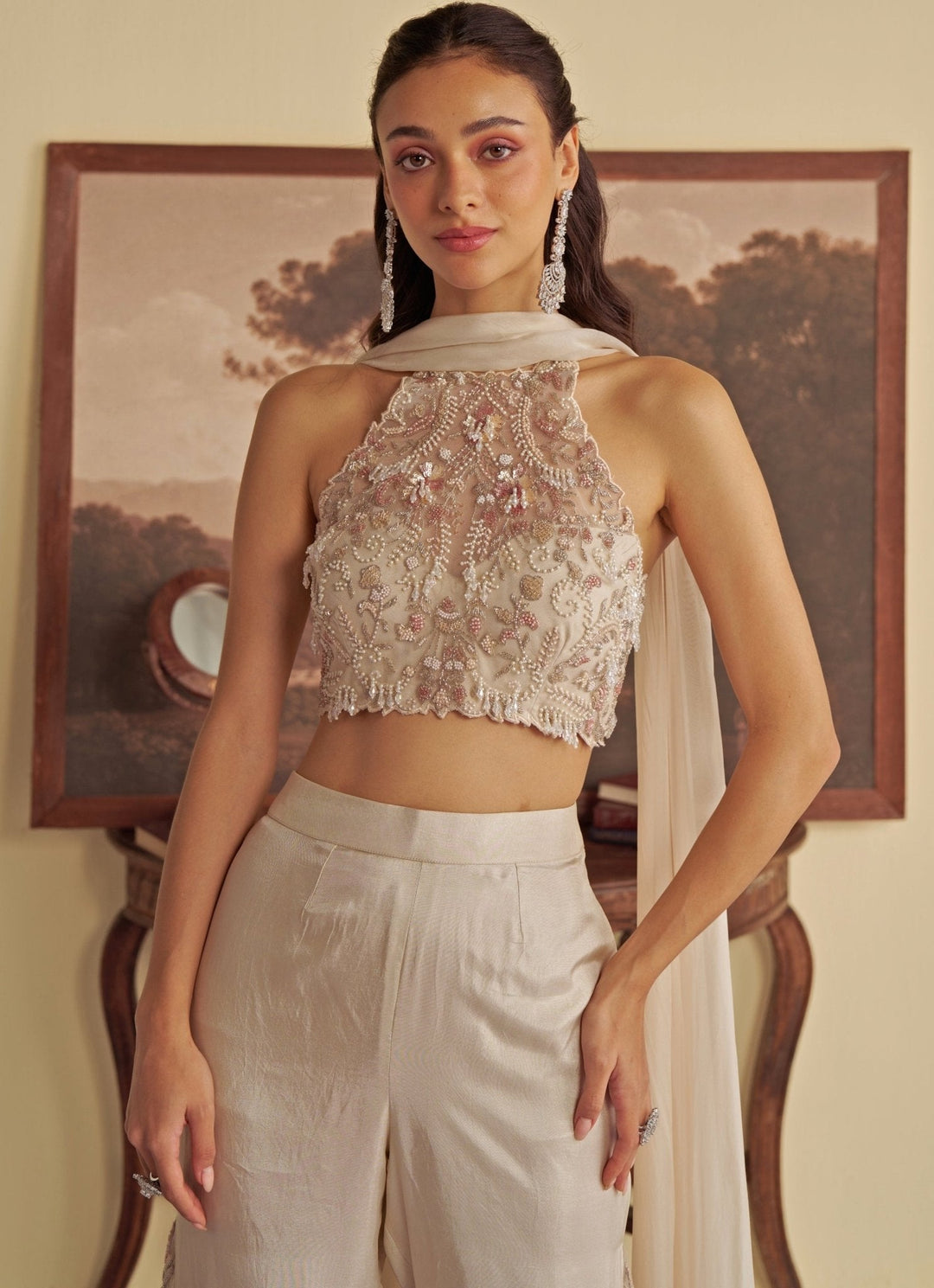 Ivory Embroidered Halter Blouse Pant Set Jade by Ashima - Fabilicious Fashion