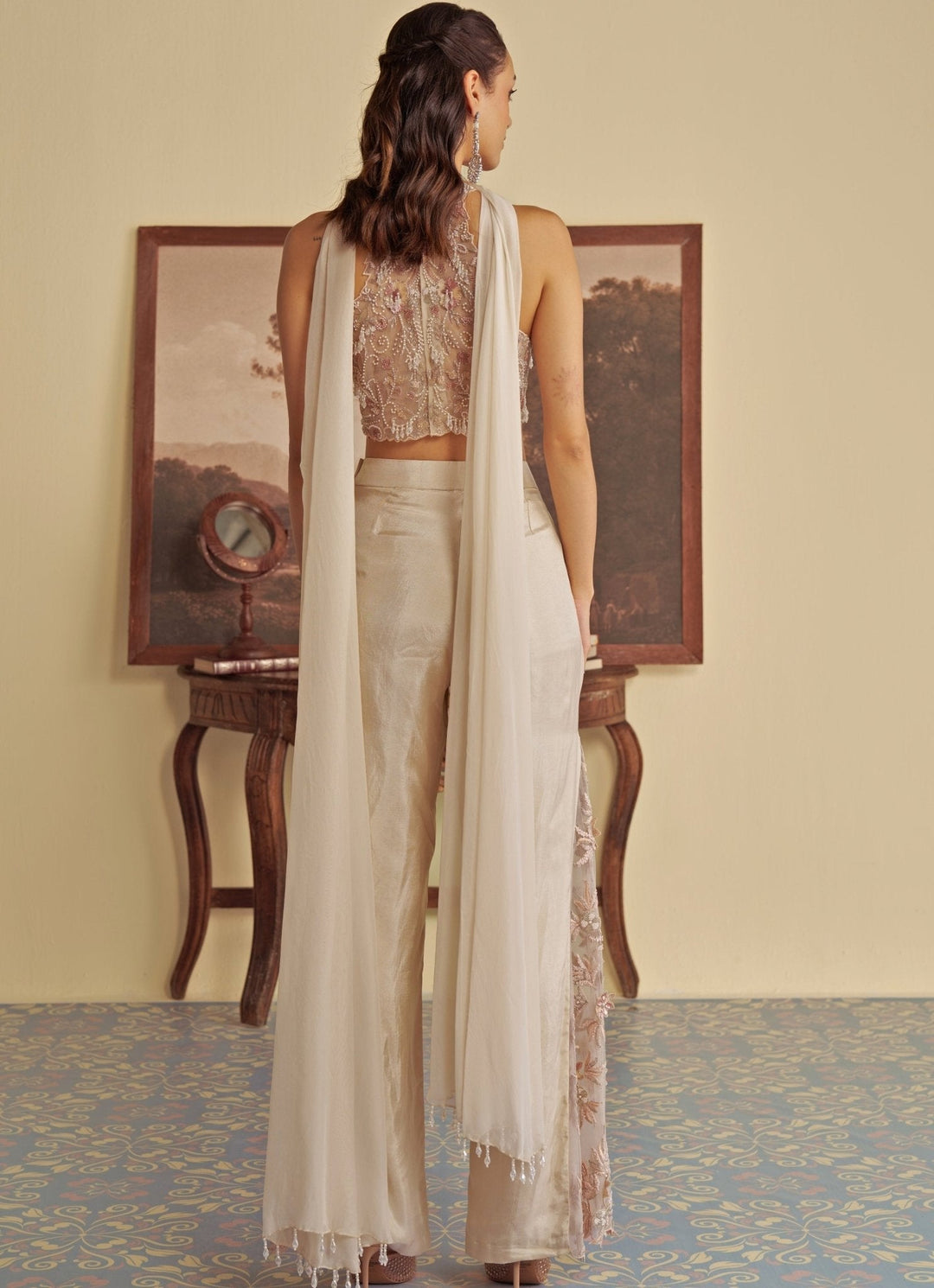 Ivory Embroidered Halter Blouse Pant Set Jade by Ashima - Fabilicious Fashion