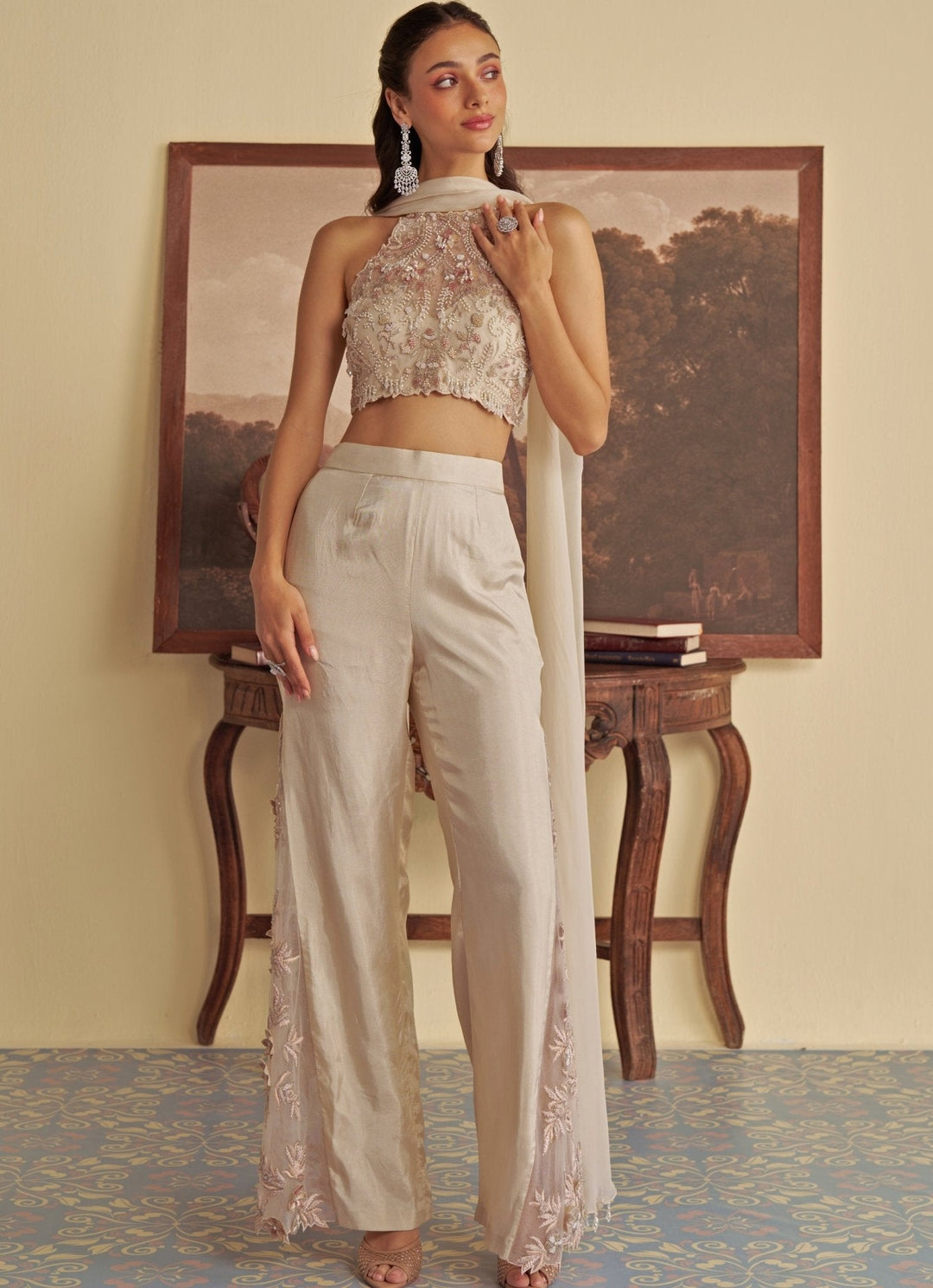 Ivory Embroidered Halter Blouse Pant Set Jade by Ashima - Fabilicious Fashion