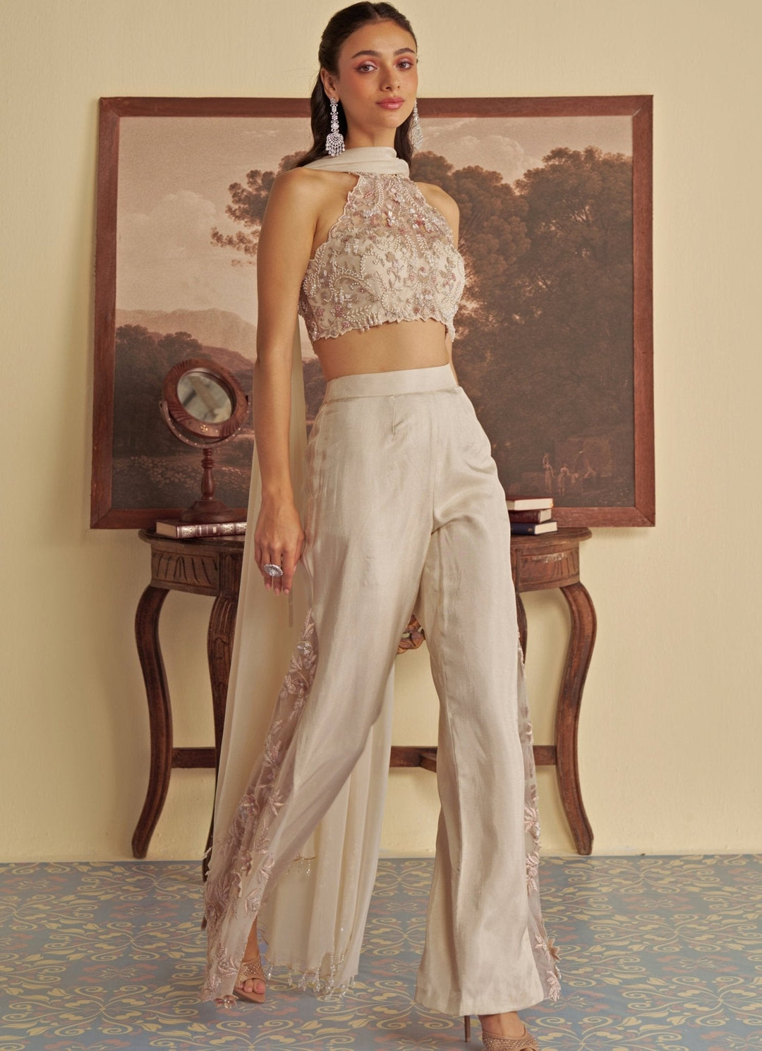 Ivory Embroidered Halter Blouse Pant Set Jade by Ashima - Fabilicious Fashion