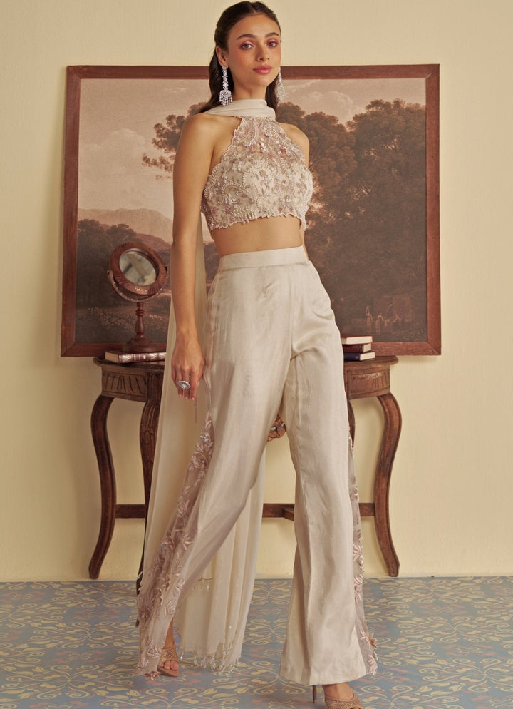 Ivory Embroidered Halter Blouse Pant Set Jade by Ashima - Fabilicious Fashion