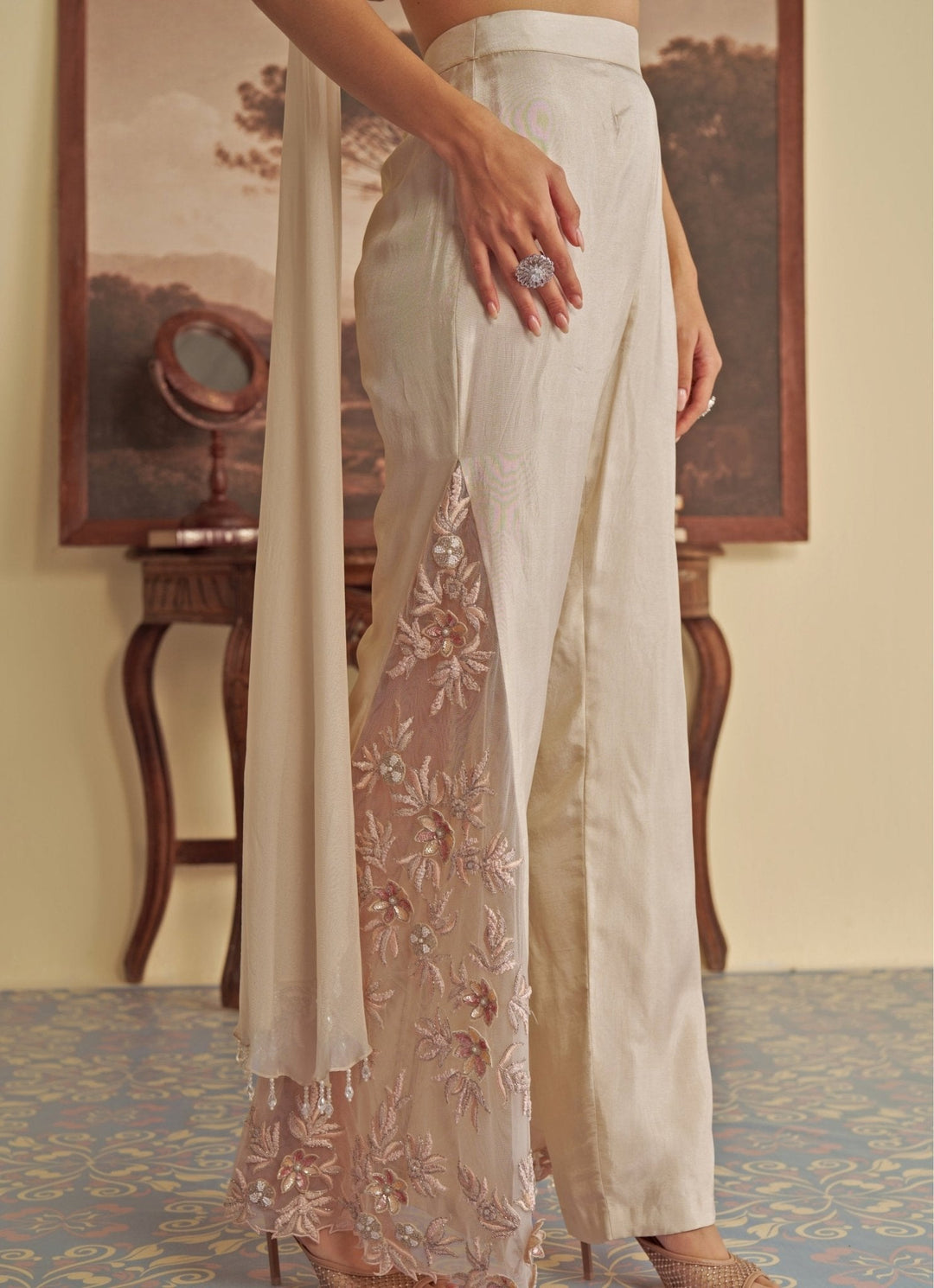 Ivory Embroidered Halter Blouse Pant Set Jade by Ashima - Fabilicious Fashion