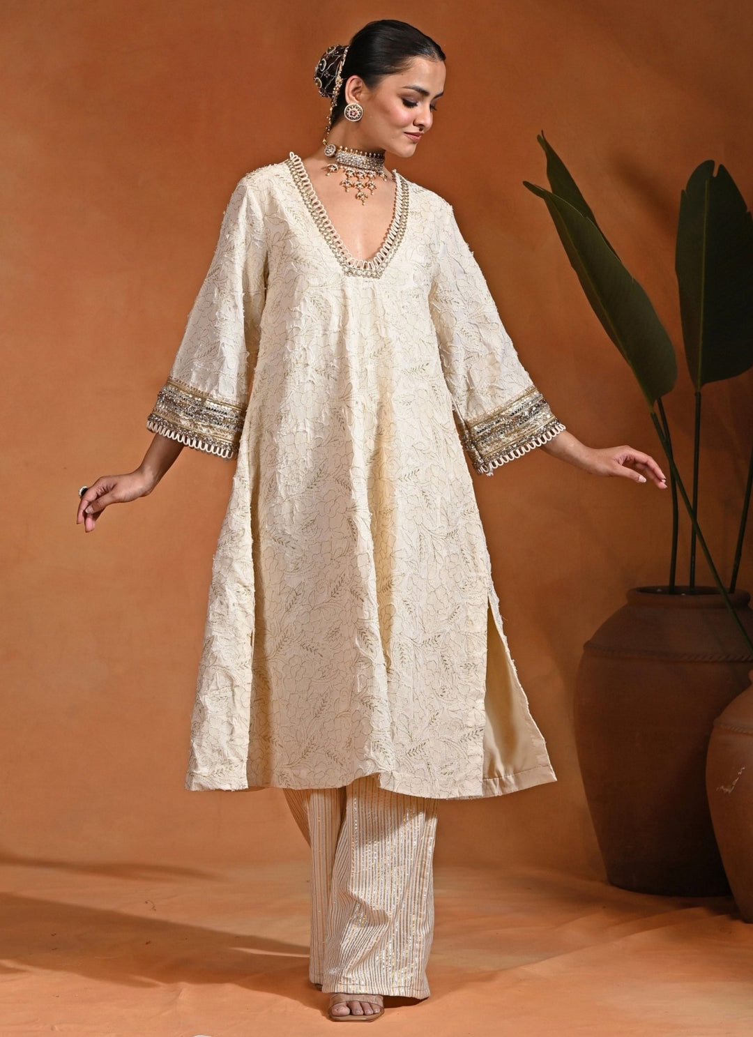 Rishi and Vibhuti Ivory Embroidered Jacquard Kurta Pants SetFabilicious Fashion
