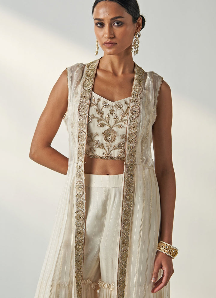 Ivory Embroidered Kurta Garara Set With Cape Studio Bagechaa - Fabilicious Fashion