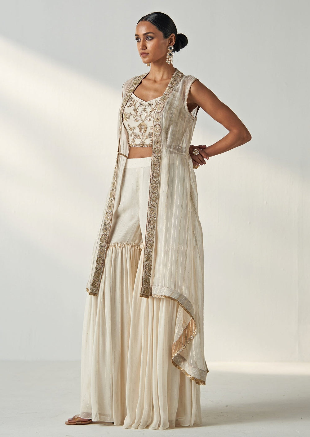 Ivory Embroidered Kurta Garara Set With Cape Studio Bagechaa - Fabilicious Fashion