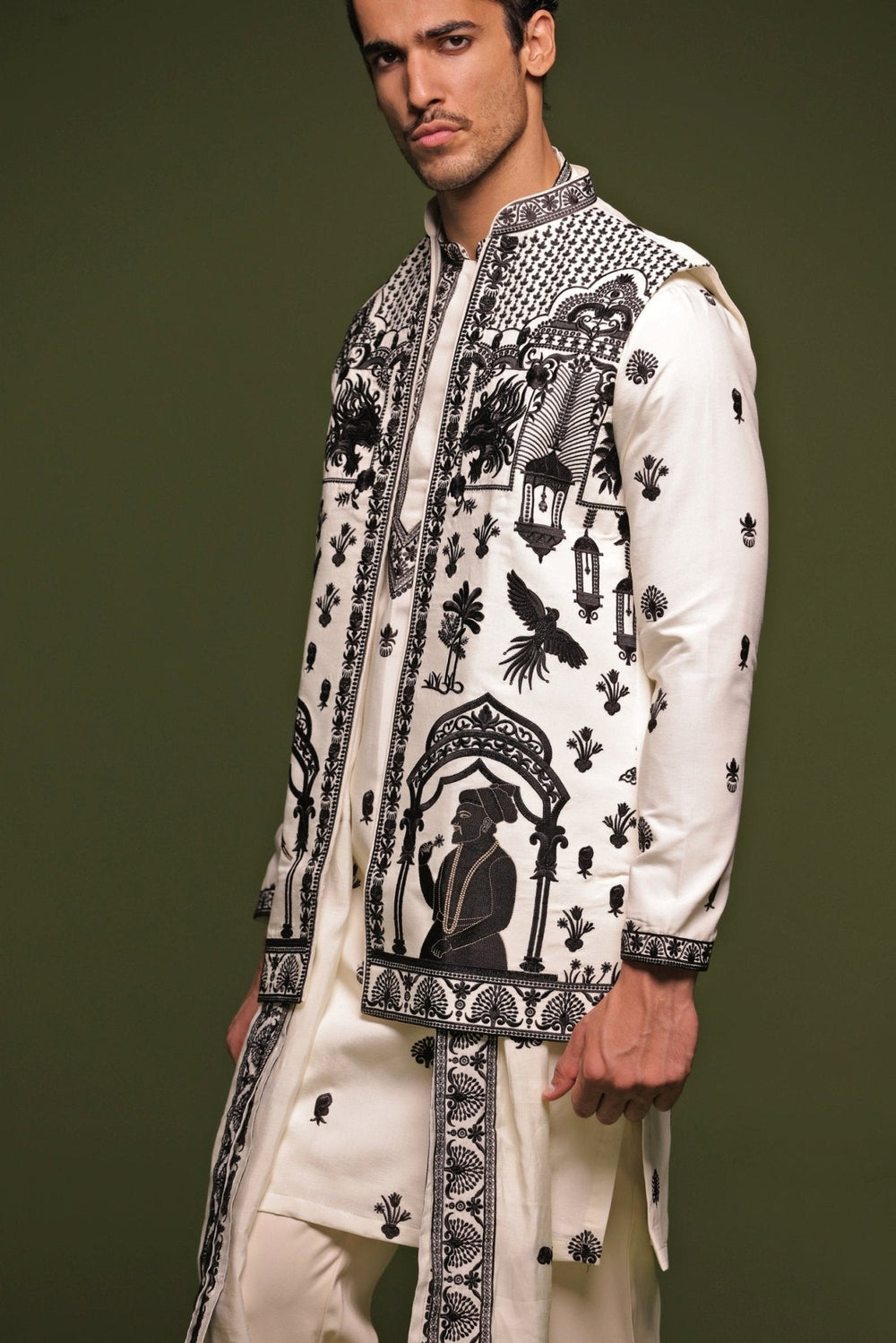 Ivory Embroidered Kurta Jacket Set With Dupatta Kalpraag - Fabilicious Fashion
