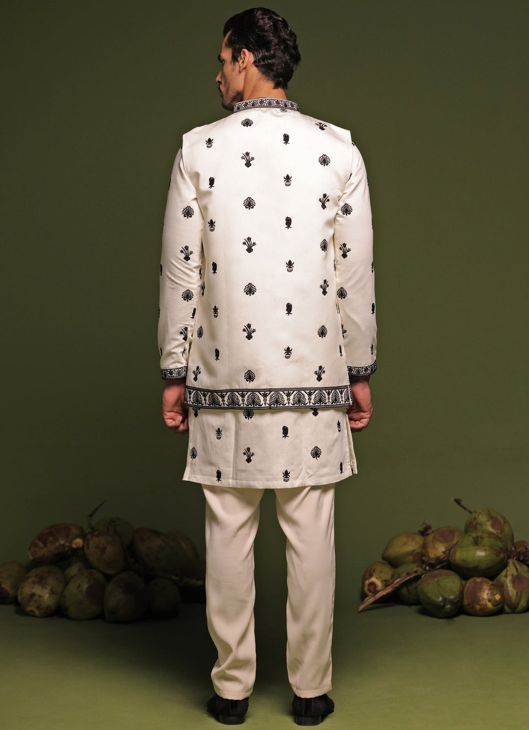 Ivory Embroidered Kurta Jacket Set With Dupatta Kalpraag - Fabilicious Fashion