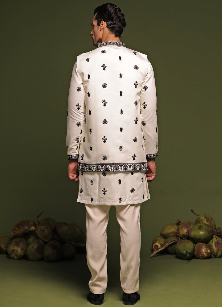 Ivory Embroidered Kurta Jacket Set With Dupatta Kalpraag - Fabilicious Fashion
