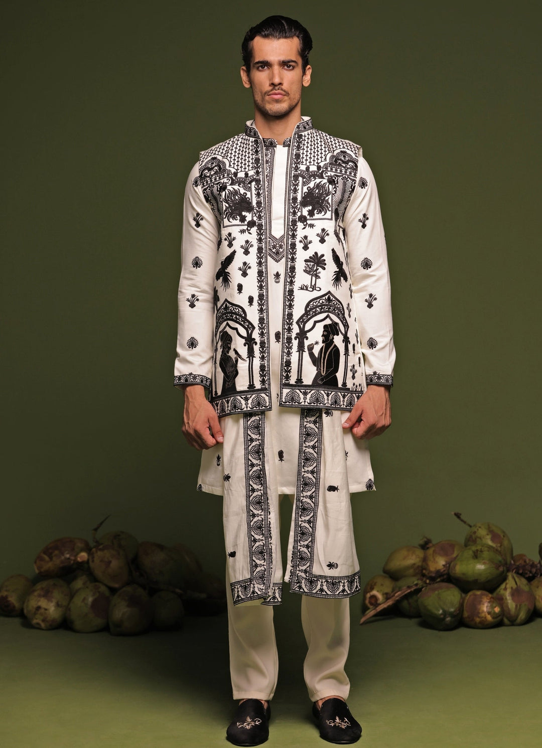 Ivory Embroidered Kurta Jacket Set With Dupatta Kalpraag - Fabilicious Fashion