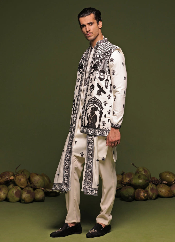 Ivory Embroidered Kurta Jacket Set With Dupatta Kalpraag - Fabilicious Fashion