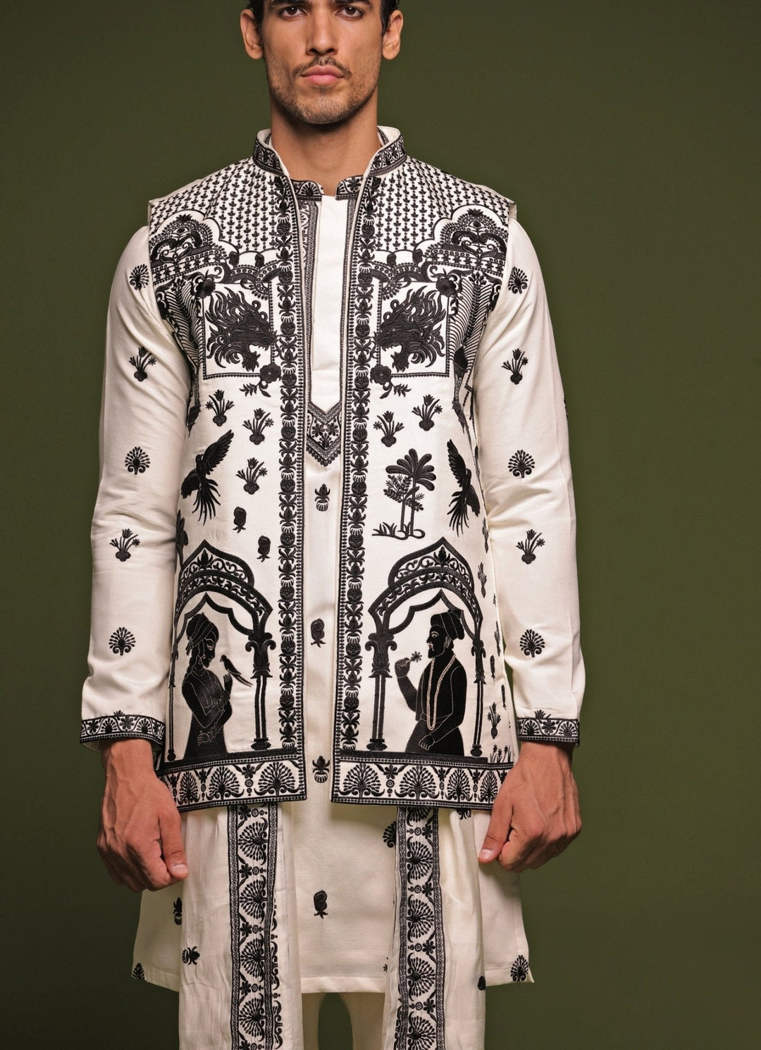 Ivory Embroidered Kurta Jacket Set With Dupatta Kalpraag - Fabilicious Fashion