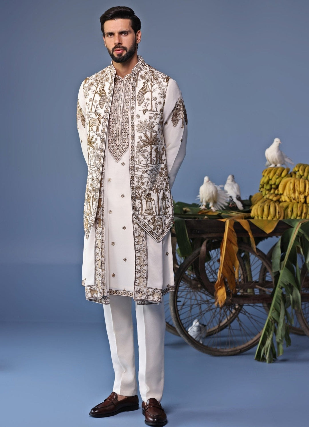 Ivory Embroidered Kurta Set with Asymmetric Jacket Kalpraag - Fabilicious Fashion