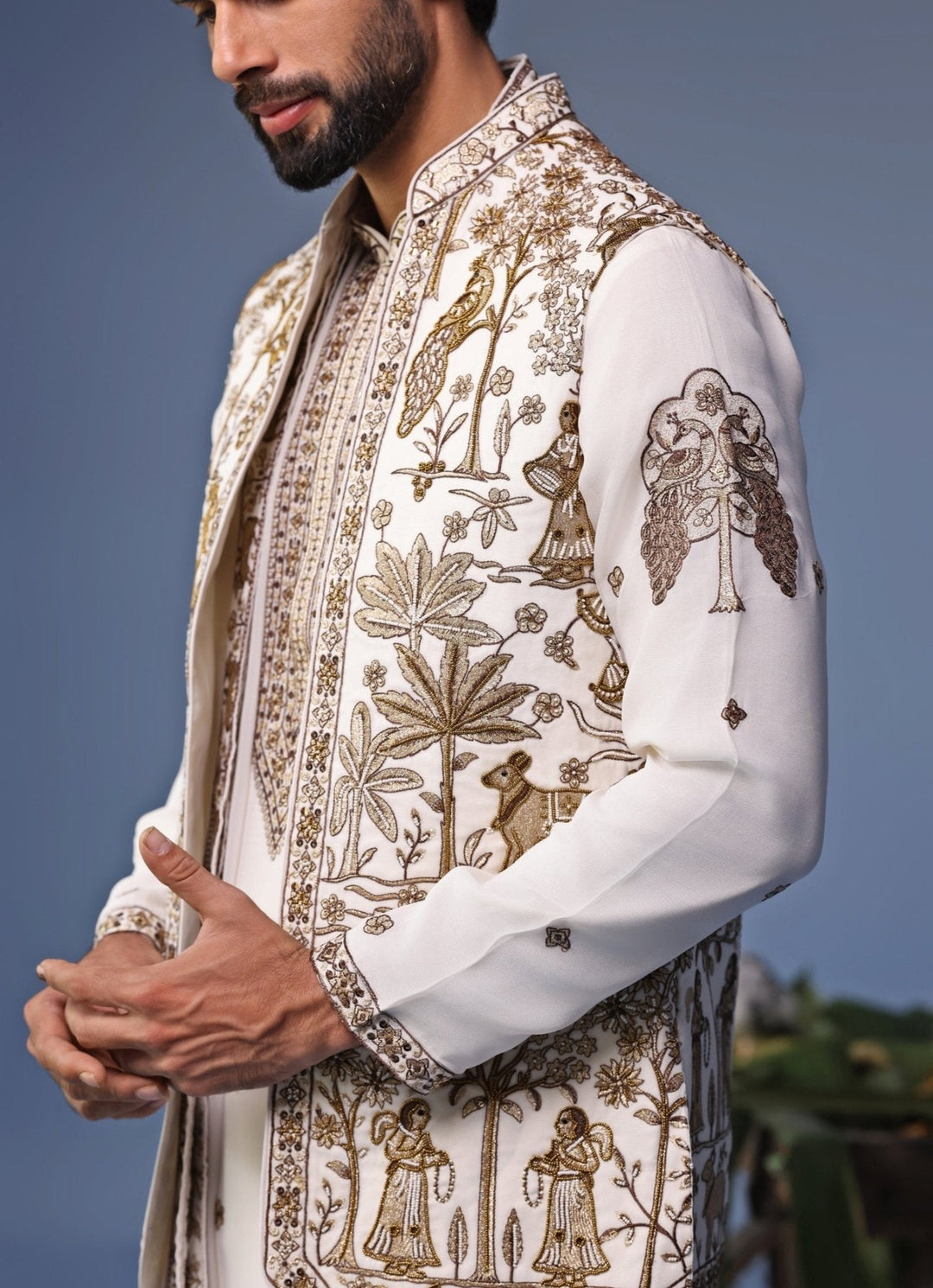 Ivory Embroidered Kurta Set with Asymmetric Jacket Kalpraag - Fabilicious Fashion