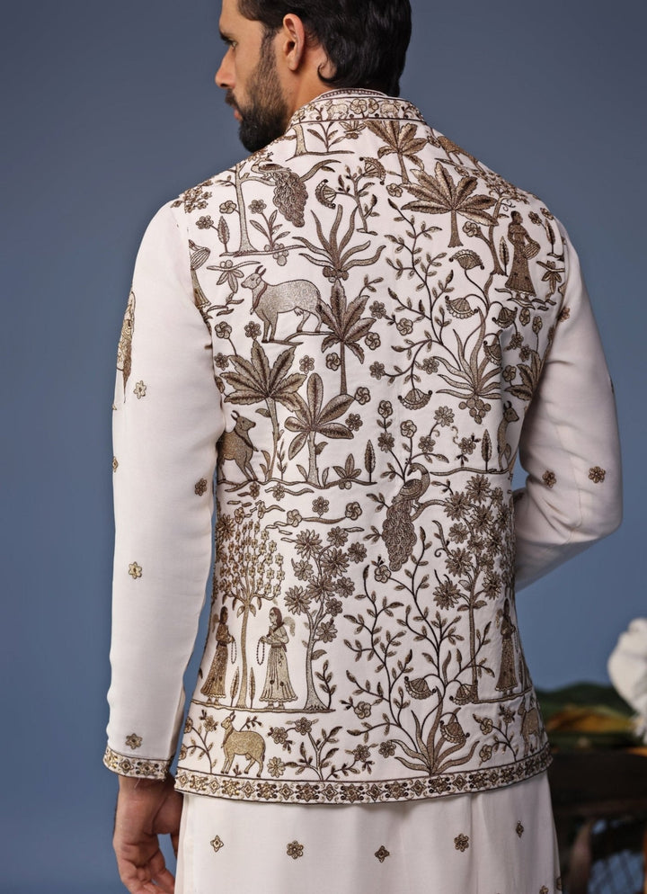 Ivory Embroidered Kurta Set with Asymmetric Jacket Kalpraag - Fabilicious Fashion