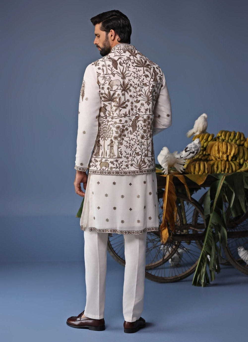 Ivory Embroidered Kurta Set with Asymmetric Jacket Kalpraag - Fabilicious Fashion