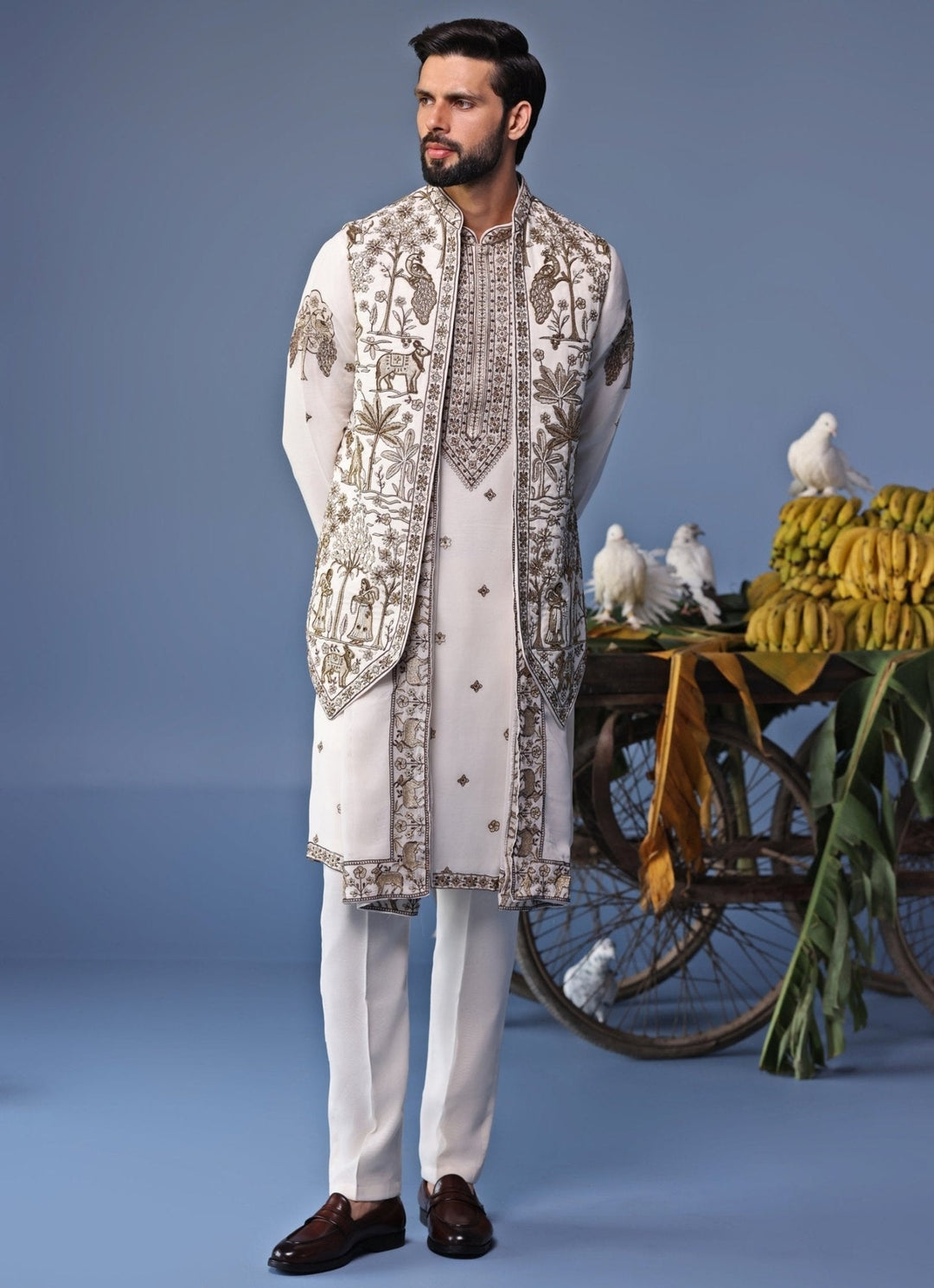 Ivory Embroidered Kurta Set with Asymmetric Jacket Kalpraag - Fabilicious Fashion