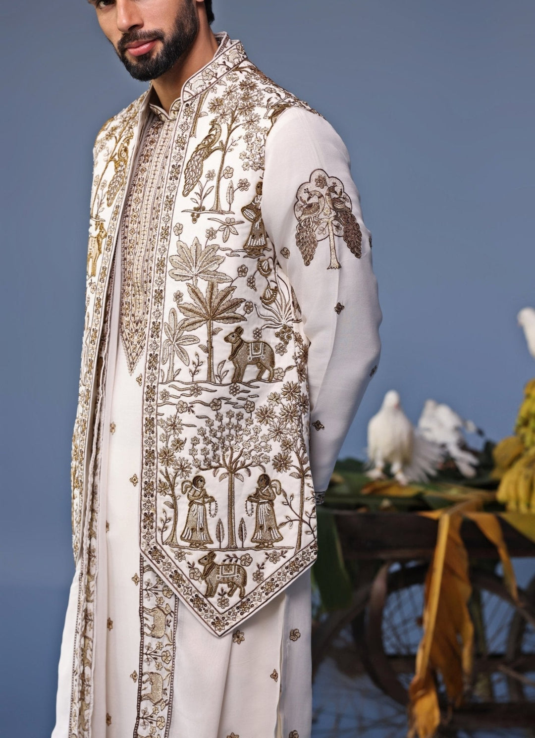 Ivory Embroidered Kurta Set with Asymmetric Jacket Kalpraag - Fabilicious Fashion