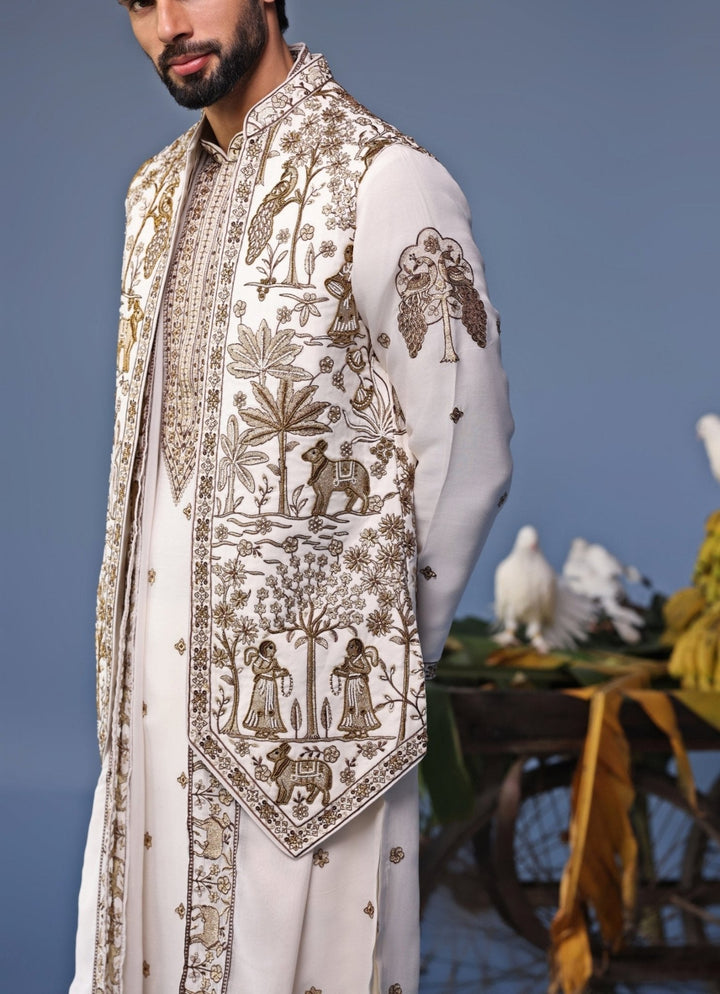 Ivory Embroidered Kurta Set with Asymmetric Jacket Kalpraag - Fabilicious Fashion