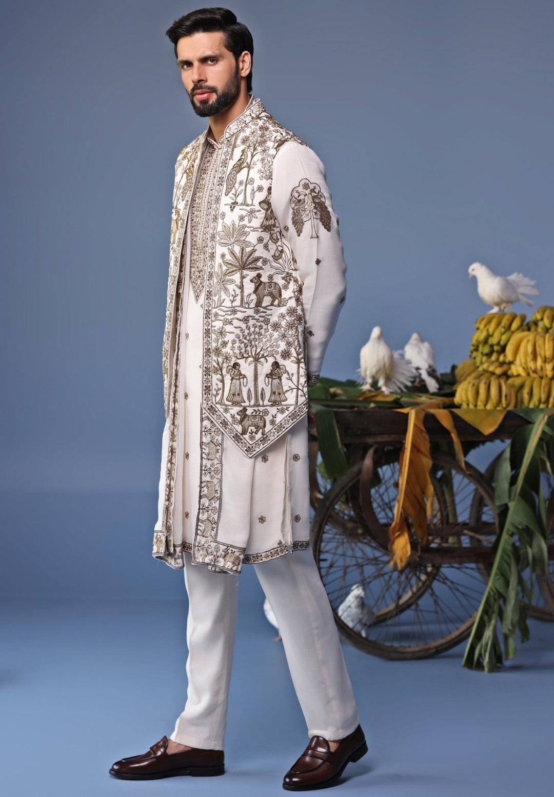 Ivory Embroidered Kurta Set with Asymmetric Jacket Kalpraag - Fabilicious Fashion