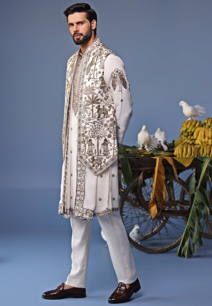 Ivory Embroidered Kurta Set with Asymmetric Jacket Kalpraag - Fabilicious Fashion