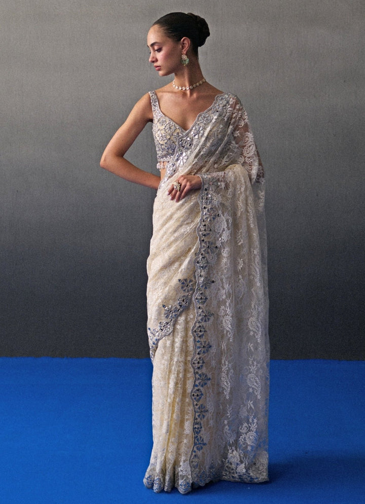 Ivory Embroidered Lace Saree Angad Singh - Fabilicious Fashion