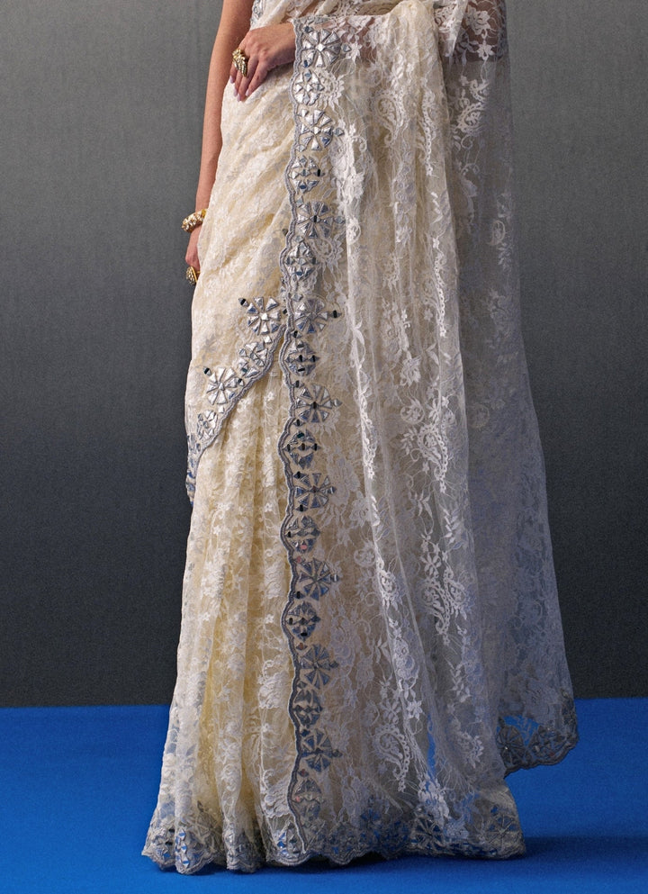 Ivory Embroidered Lace Saree Angad Singh - Fabilicious Fashion