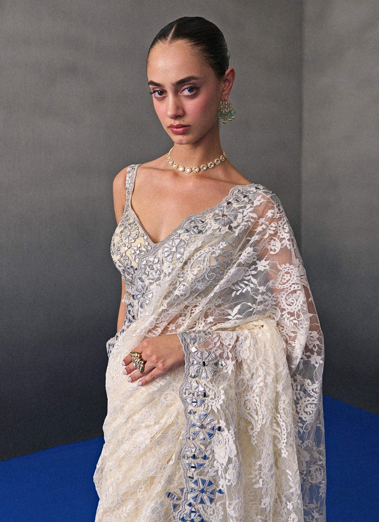 Ivory Angad Singh saree for modern reception style