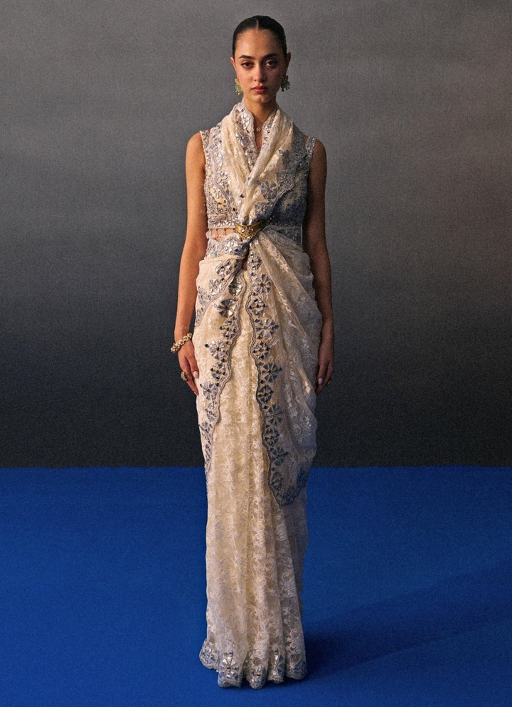 Ivory Embroidered Lace Saree Angad Singh - Fabilicious Fashion