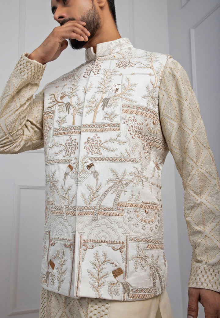 Ivory Embroidered Nehru Jacket And Kurta Set Smriti - Fabilicious Fashion