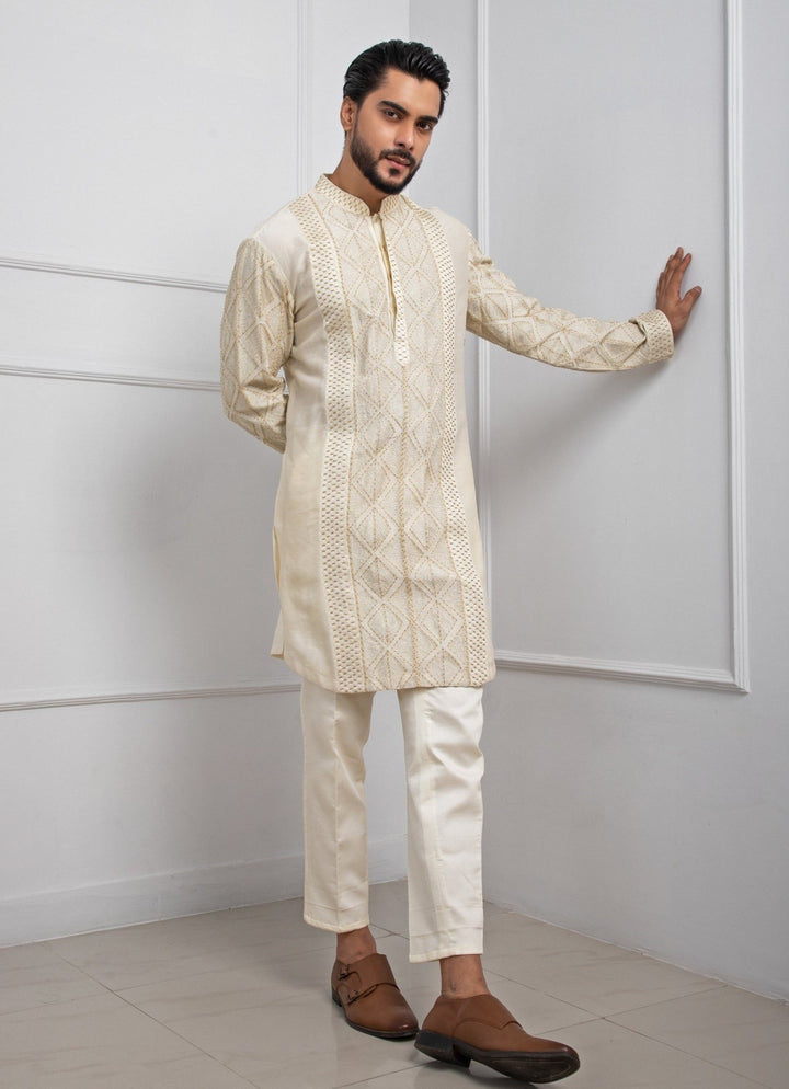 Ivory Embroidered Nehru Jacket And Kurta Set Smriti - Fabilicious Fashion