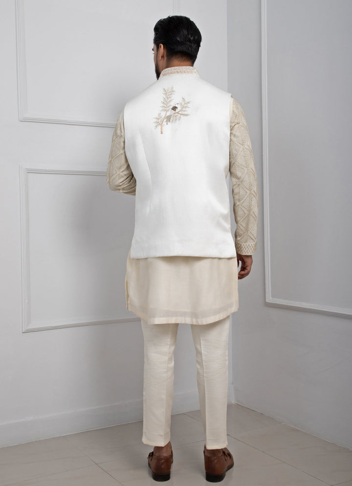 Ivory Embroidered Nehru Jacket And Kurta Set Smriti - Fabilicious Fashion