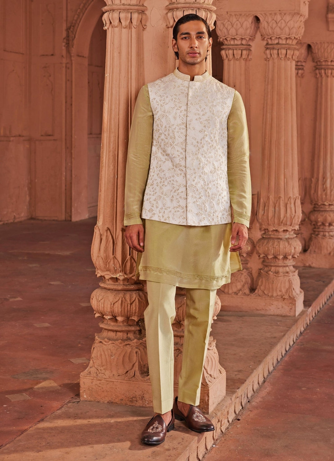 Ivory Embroidered Nehru Jacket Set Contrast By Parth - Fabilicious Fashion