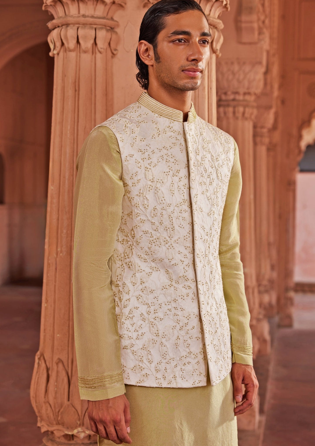 Ivory Embroidered Nehru Jacket Set Contrast By Parth - Fabilicious Fashion