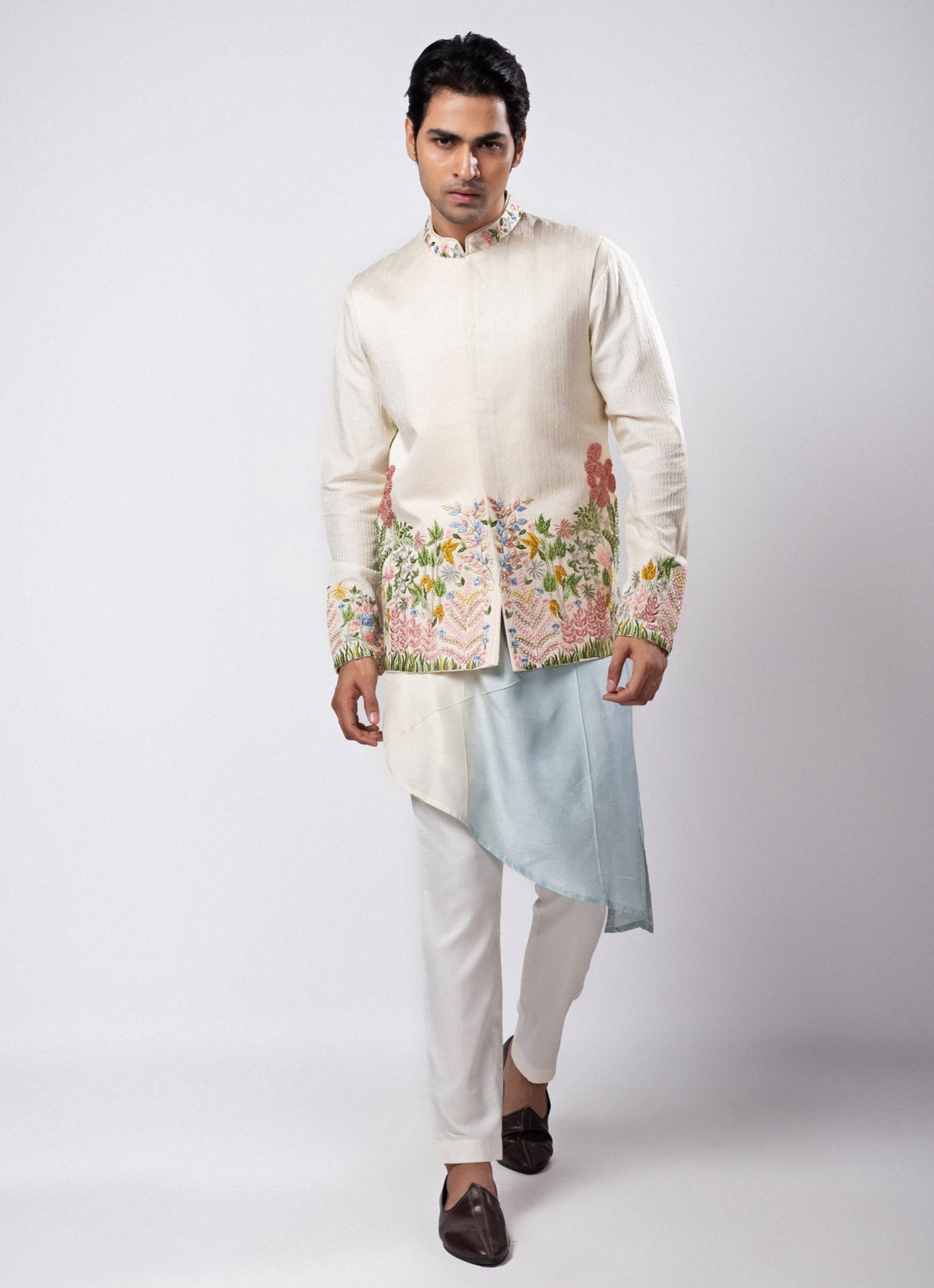 Ivory Embroidered Nehru Jacket with Ombre Kurta Set Smriti - Fabilicious Fashion