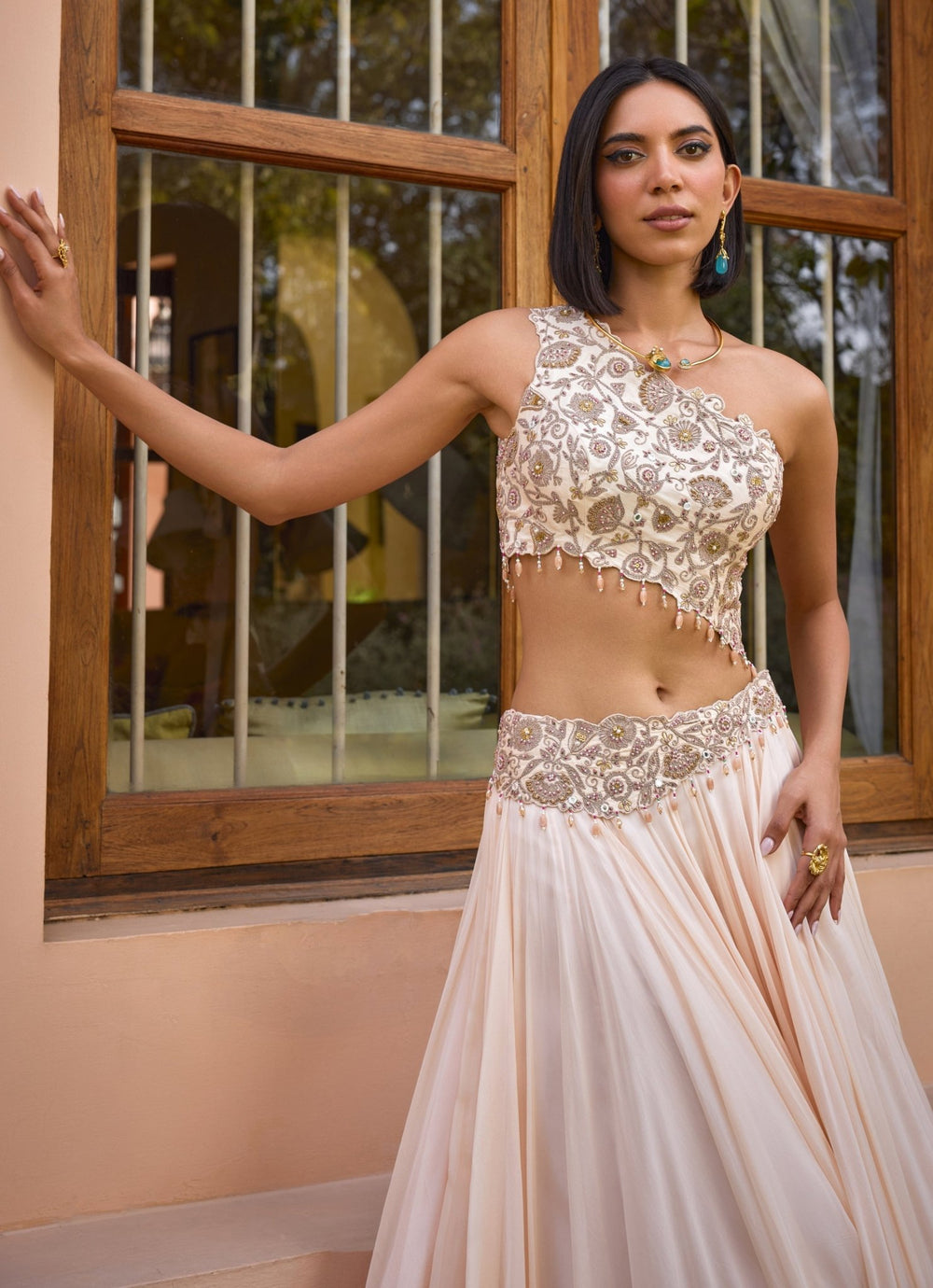 Ivory Embroidered One - Shoulder Organza Lehenga Isha Gupta Tayal - Fabilicious Fashion