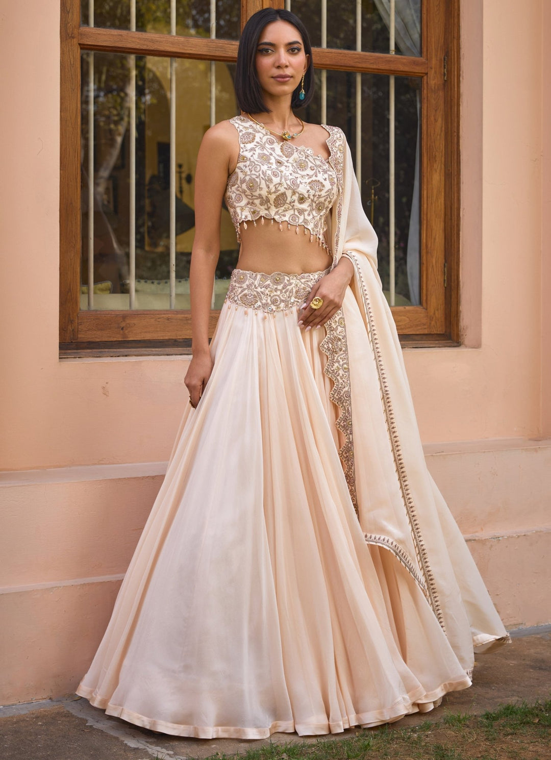 Ivory Embroidered One - Shoulder Organza Lehenga Isha Gupta Tayal - Fabilicious Fashion