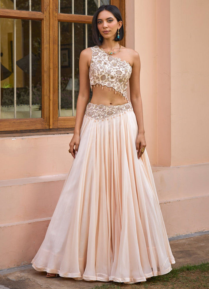 Ivory Embroidered One - Shoulder Organza Lehenga Isha Gupta Tayal - Fabilicious Fashion