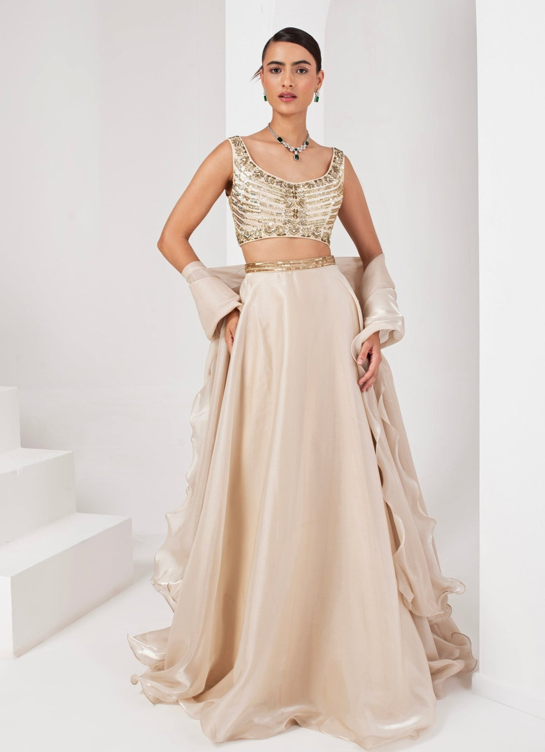 Ivory Embroidered Organza Lehenga set Akara - Fabilicious Fashion