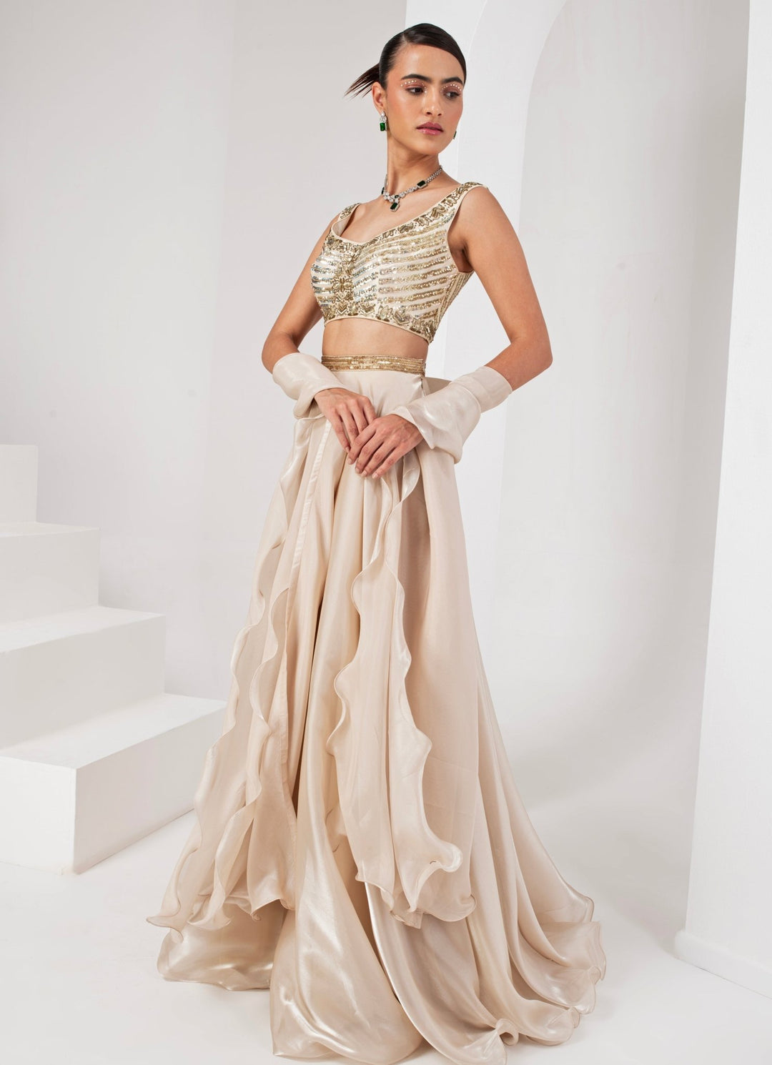 Ivory Embroidered Organza Lehenga set Akara - Fabilicious Fashion